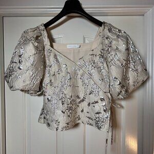 Jonathan Simkhai Taylor Matelassé Puff Sleeve Top Champagne with Silver Metallic